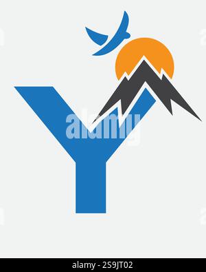 Initial Monogram Letter Y Vacation Logo Concept With Mount, Sun and Bird Symbol. Travel Logotype Stock Vector