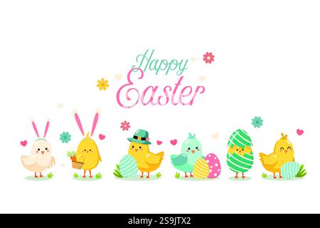 Colorful easter themed vector illustration with cute chicks birds. Happy Easter concept. Stock Vector