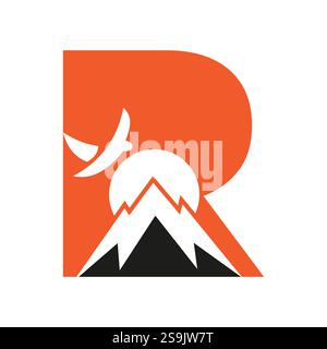 Initial Monogram Letter R Vacation Logo Concept With Mount, Sun and Bird Symbol. Travel Logotype Stock Vector