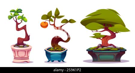 Bonsai garden set - curved trunk miniature trees in ornamental pots with vibrant orange fruit, green leaves, moss patches and pebbles. Decorative stan Stock Vector