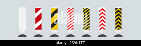 Road barrier post collection showing different warning patterns - plain white, diagonal red and white stripes, yellow and black lines, arrow designs. Stock Vector