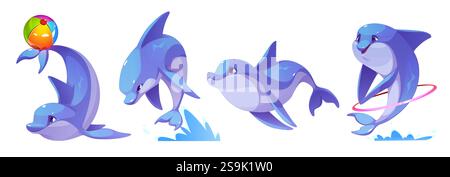 Cute dolphin characters set isolated on white. Vector cartoon illustration of funny sea animal playing in water, jumping with toy ball, hula hoop ring Stock Vector
