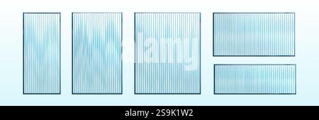 Ribbed glass windows set isolated on white. Vector realistic illustration of 3d rectangular plastic surface with vertical stripes, blurry wall, corrug Stock Vector