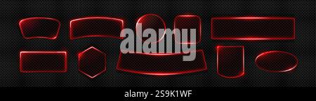 Red neon light frames set isolated on transparent background. Vector realistic illustration of round, oval, rectangular and square shape borders, web Stock Vector