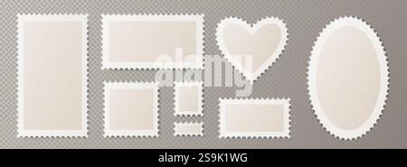 Postcard stamp frames collection in various shapes - heart, oval, square and rectangles. White perforated borders with shadows on transparent backgrou Stock Vector