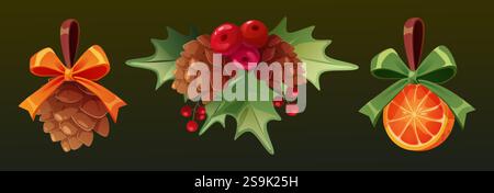 Set of decorative winter elements - pinecone with bow, seasonal holly berries with green leaves, orange slice with ribbon on dark background. Traditio Stock Vector