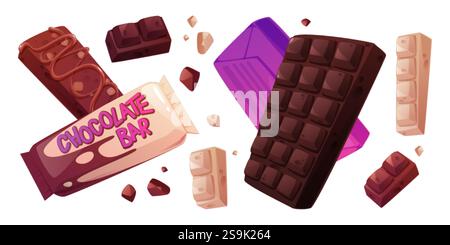 Chocolate bar collection of wrapped candy package and unwrapped segments in dark and white varieties. Sweet treats displayed with segmented squares, p Stock Vector