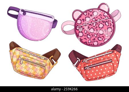 Waist bags set isolated on white background. Contemporary vector cartoon illustration of fashionable purse with zipper pocket, adjustable belt, color Stock Vector
