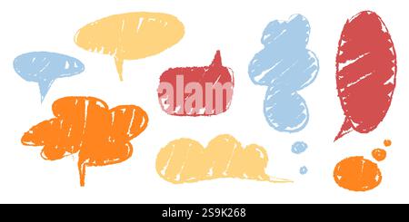 Colorful crayon textured speech bubble collection - dialogue shapes in rough sketchy style and pastel colors. Oval, cloud and rectangular chat frames. Stock Vector