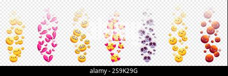 Social media emoji flying isolated on transparent background. Vector cartoon illustration of emoticon icons with smiling, sad, angry emotions, skull, Stock Vector