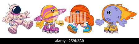 Groovy astronaut and planets isolated on white background. Contemporary vector cartoon illustration of man floating in spacesuit and helmet, cute moon Stock Vector