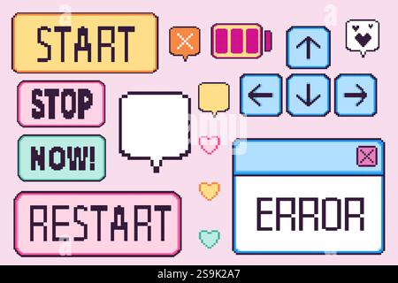 Pixel game UI elements kit. control buttons including start, stop, restart options, direction arrows, battery indicator, text message frames, colorful Stock Vector