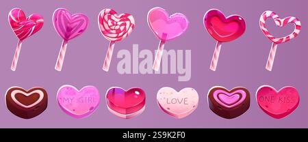 Valentine heart shaped candies set with striped lollipops, chocolate bonbons, sweet messages on dessert. Pink romantic confectionery collection in glo Stock Vector
