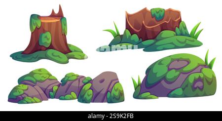 Natural swamp scenery elements - weathered tree stump, broken log and scattered rocks covered in lush moss patches and grass tufts. Forest landscape c Stock Vector