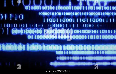 abstract background of computer code, white numbers on dark blue backdrop, softly glowing gradient effect Stock Photo