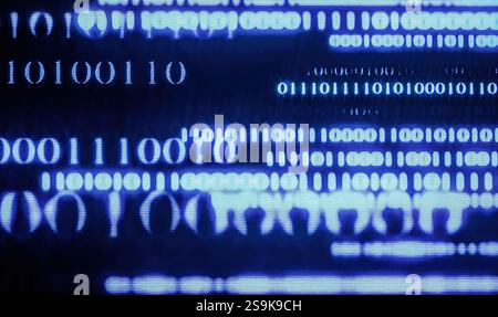 abstract background of computer code, white numbers on dark blue backdrop, softly glowing gradient effect Stock Photo