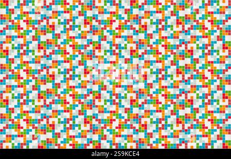 vibrant, colorful wall painted with a pixelated design, design consists of numerous squares, each filled with a solid color, squares are arranged in a Stock Photo