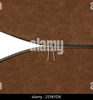 Leather background with zipper opened. Unzipped zipper or fastener. Open zip and leather texture of brown color. Isolated on white background. Copy sp Stock Photo
