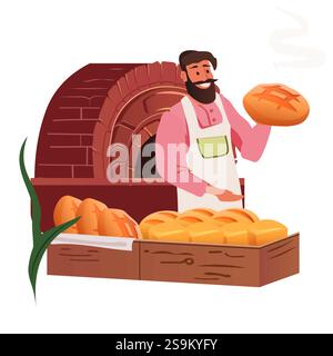 Baker holding fresh bread smiling bakery. Rustic oven bread display man in apron holding loaf steaming bread. Warm colors cozy scene bakery theme Stock Vector
