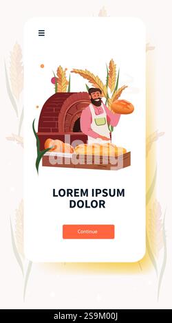 Baker holding bread near brick oven rustic theme warm colors wheat background mobile app template Stock Vector