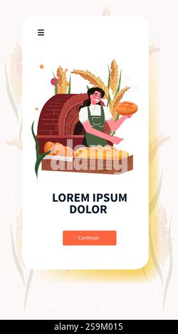 Baker holding bread near oven wheat-themed bakery scene with smiling woman in apron surrounded by loaves and wheat stalks mobile app design Stock Vector