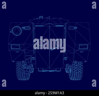 Blue drawing of a military vehicle outline. The vehicle is a tank and the drawing is in a blue color Stock Vector