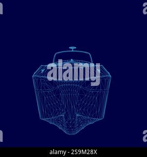 Blue boat is shown in a 3D image. The boat is a small speed boat Stock Vector