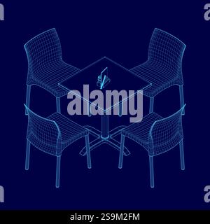 Blue image of a table with four chairs around it. The chairs are all different sizes and are arranged in a square formation. The table has a napkin on Stock Vector