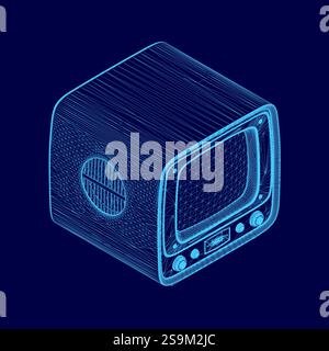 Blue television wireframe. The television is turned off. Isometric view Stock Vector