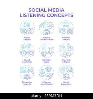 Social media listening blue gradient concept icons Stock Vector