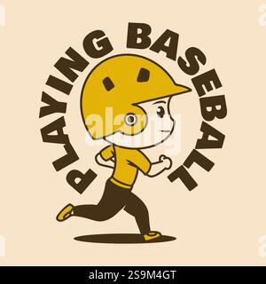 Baseball chibi mascot character with helm in running pose with text Stock Vector