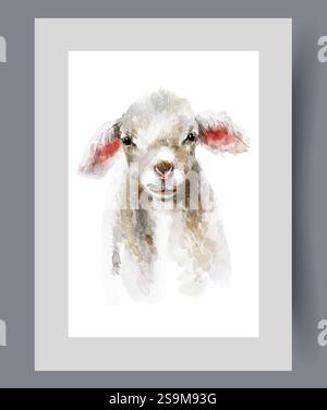Small sheep with white wool and splayed ears looks at screen on wall art. Watercolor artwork Stock Vector