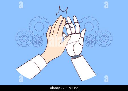 Collaboration man and AI robot making high-five gesture after successfully completed task. Hands of business manager and humanoid helping to develop production thanks to AI or artificial intelligence Stock Vector