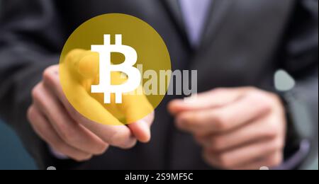 bitcoin crypto currency block chain, future business,Day trader buying selling currency and trading on the cryptocurrency exchange by computer and bit Stock Photo