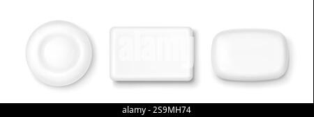 Soap bar 3D collection of round and rectangular shapes. Clean white hygienic objects with smooth surface and soft shadows. Minimalist bathroom accessories set for cosmetic and body care branding. Stock Vector