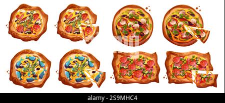 Cartoon pizza set top view - food stickers. Baked round and rectangular shapes with melted cheese and various toppings - salami and anchovies, mushrooms and olives, tomatoes, bell peppers and herbs. Stock Vector