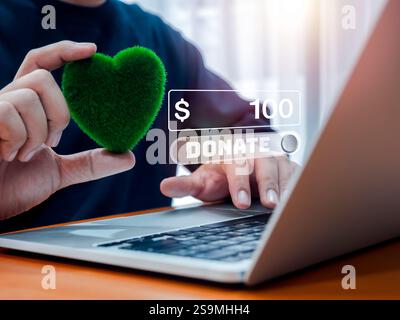 Donation online concept. E-donate, money fill box and donating button on website, virtual display on laptop computer screen, while hand hold green hea Stock Photo