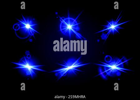 Glint glare collection with bright neon luminous effects - shining starbursts with magical sparkles, lens flares and glowing beams. Blue highlights on dark background for space or fantasy design. Stock Vector