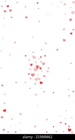 Falling hearts valentine card template. Red hearts scattered on white background. Chaotic falling hearts vector illustration. Stock Vector
