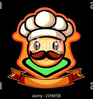 A vibrant and charming food logo design featuring a smiling character with a chef's hat, a thick mustache, symbolizing culinary expertise. Stock Vector