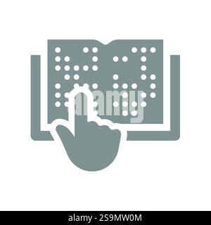 Hand reading a braille book. Open book for visually impaired, tactile alphabet vector icon. Stock Vector