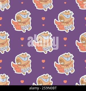 Cute Superhero Capybara Seamless pattern. Romantic Cartoon kawaii animal in mask and red cloak on purple background with hearts. Vector illustration. Stock Vector