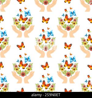 Seamless pattern. Hands with flowers releasing colorful butterflies on white background. Vector illustration flat style Stock Vector