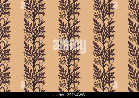 Botanical branches with leaves and berries abstract seamless pattern vector illustration. Repeating tree plant print in pastel brown colors background Stock Vector