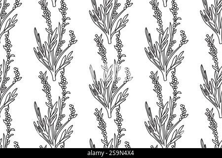 Line art botanical branches with leaves and berries seamless pattern abstract background. Black and white outline repeating plants trees vector illust Stock Vector