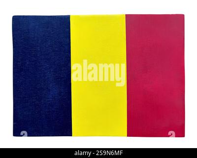 Wooden Romanian flag hand painted with three vertical colors, dark blue, yellow and red over white background Stock Photo