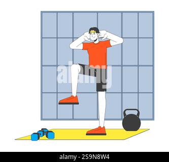 Korean man in activewear performing knee lift exercise 2D cartoon character Stock Vector