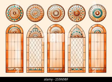 Stained church glass windows pack. Catholic Christian frames. Warm color mesh gradient. Stock Vector
