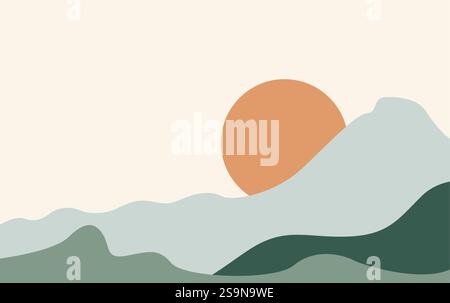 Mountain Minimal background vector illustration. Abstract landscape hills with sunrise, moon. Stock Vector