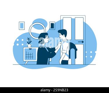 Illustration of a caring mother straightening her son's shirt before he goes to school. Family traditions and habits. Interior of the hallway room Stock Vector
